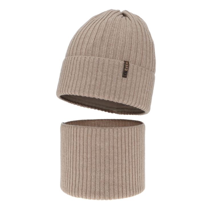 Set de iarnă pentru băieți: Căciulă și fular circular, bej, 100% lână merino, Gizmo
