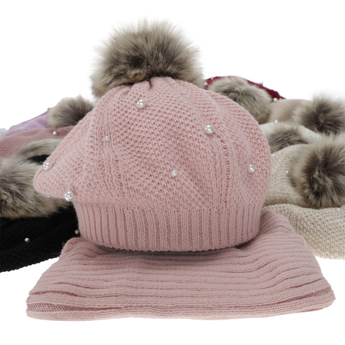 Beret și fular circular pentru fete, de iarnă, căptușit cu polar, culoarea cremă, cu pompon, Jeanette