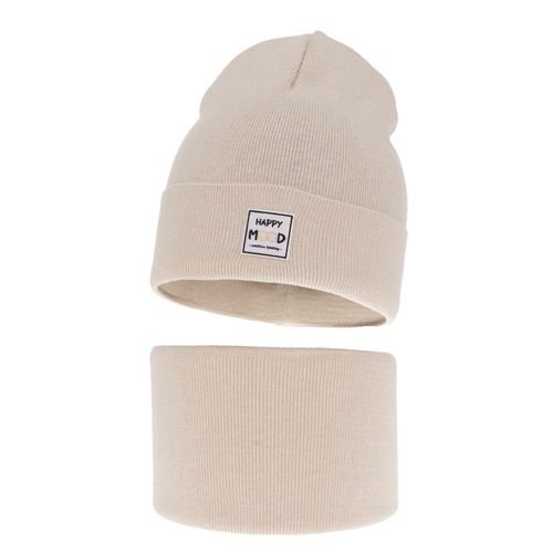 Set de primăvară-toamnă pentru fete: căciulă și fular circular, cu bumbac, bej Mersila