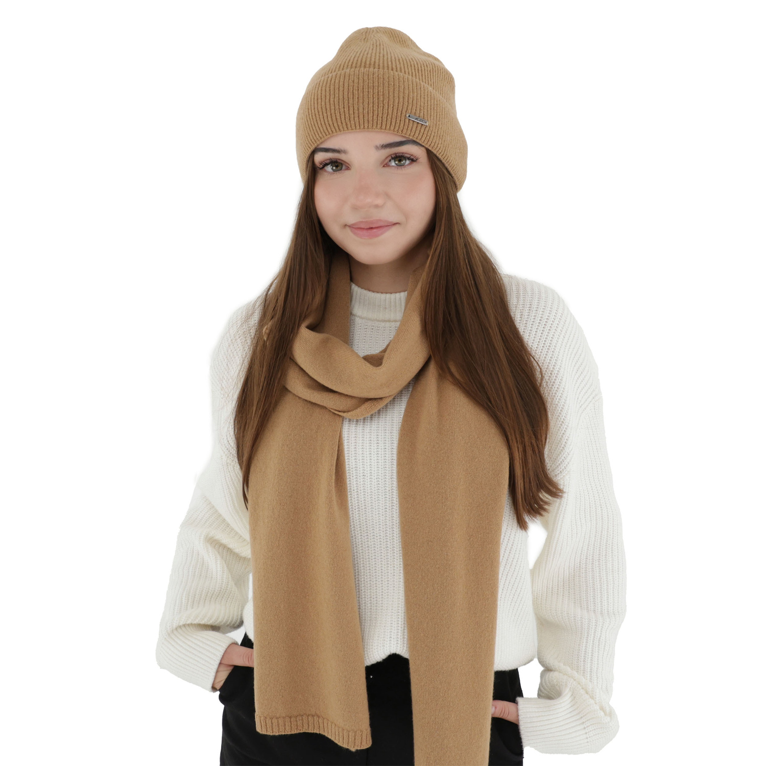 Fular de iarnă pentru femei, camel, lână merino cu cașmir, Irenia