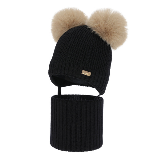 Set căciulă și fular pentru fete, iarnă, negru, 100% lână merino, căptușit cu fleece de lână, Lumia