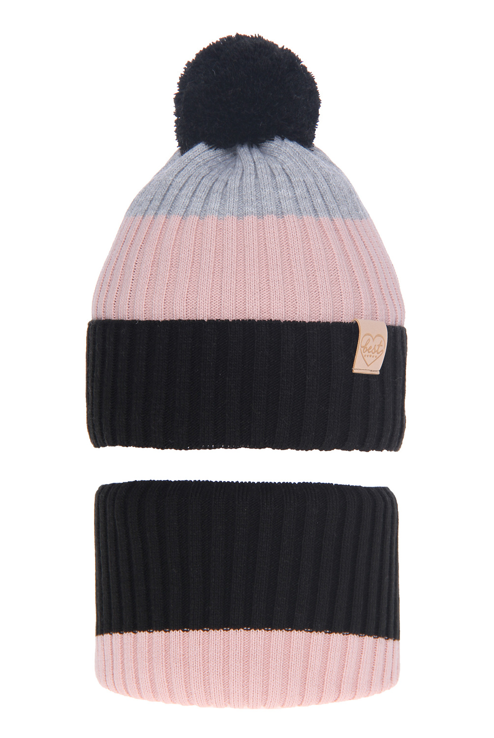 Set de iarnă pentru fete: căciulă și fular circular negru cu pompon Indiana