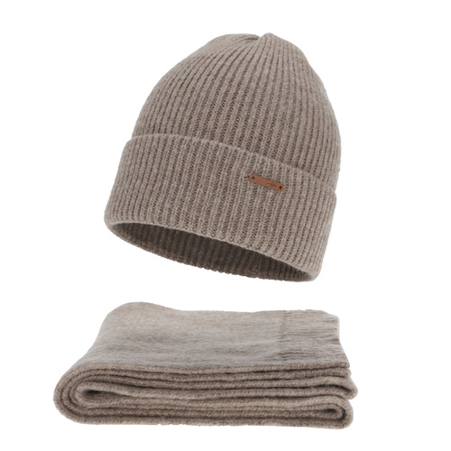 Set de iarnă pentru femei: căciulă și fular, ciemnobeżowy, cu lână merino, Seala