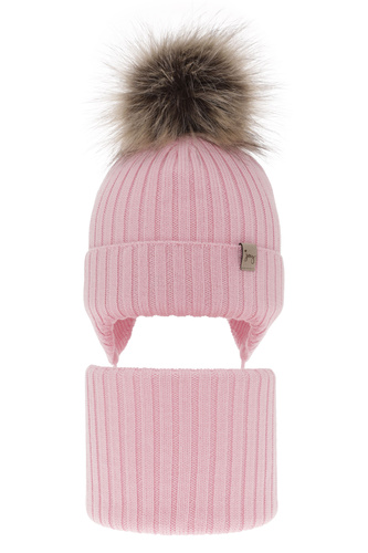 Set de iarnă pentru fete: căciulă și fular circular roz, 100% lână merino extra fină Junika