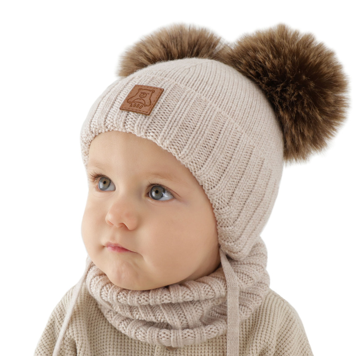 Set căciulă și fular pentru băieți, iarnă, bej deschis, 100% lână merino, căptușit cu fleece de lână, Ronik