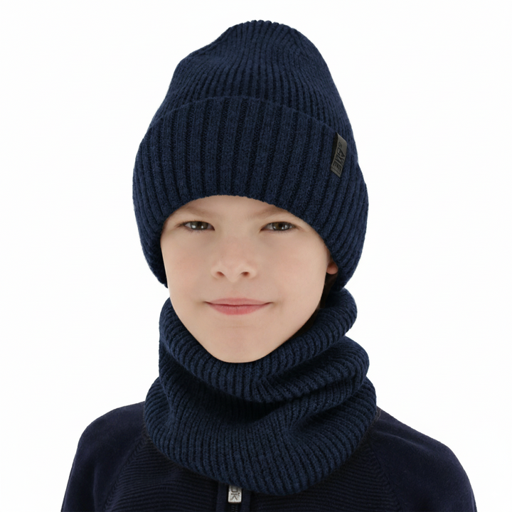 Căciulă și fular circular pentru băieți, set de iarnă, 100% lână merino, căptușit cu lână merino, bleumarin Harbin