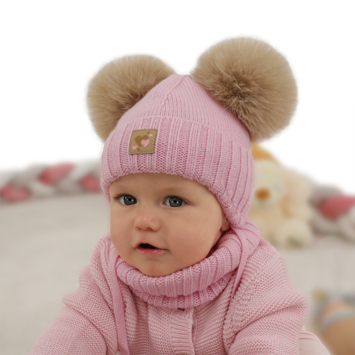 Set căciulă și fular pentru fete, iarnă, roz, 100% lână merino, căptușit cu fleece de lână, Ronia