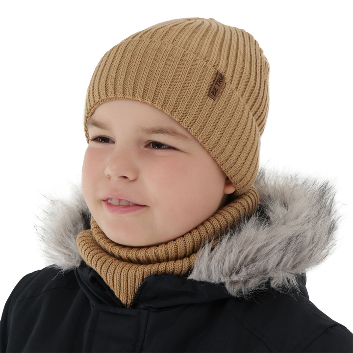 Căciulă și fular circular pentru băieți de iarnă, camel, căptușit cu polar, cu lână merino, Colton