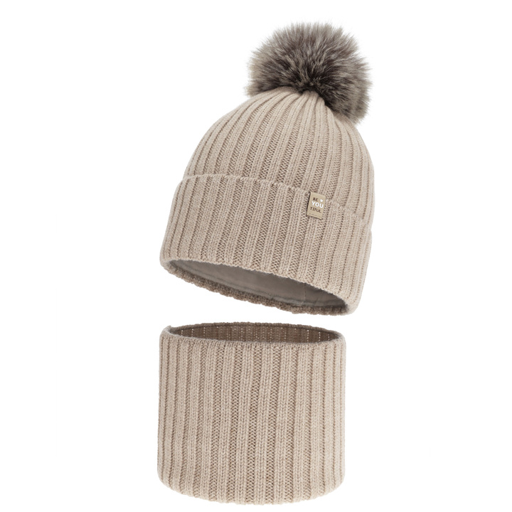 Set de iarnă pentru fete: căciulă și fular circular, 100% lână merino, căptușit cu bumbac, cu pompon, roz, Terida