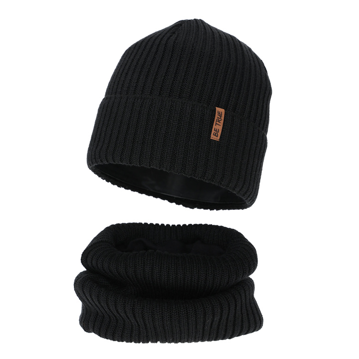 Căciulă și fular circular pentru băieți de iarnă, negru, căptușit cu polar, cu lână merino, Colton