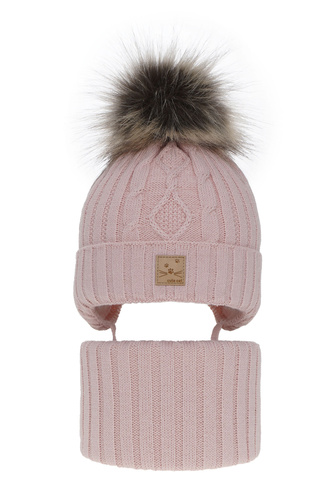 Set de iarnă pentru fete: căciulă și fular circular roz cu pompon Aida