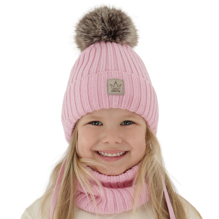 Set de iarnă pentru fete: căciulă și fular circular roz, 100% lână merino extra fină, căptușită cu polar din lână Martina
