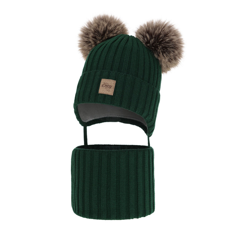 Set de iarnă pentru băieți: Căciulă și fular circular verde cu 2 pompoane Orange