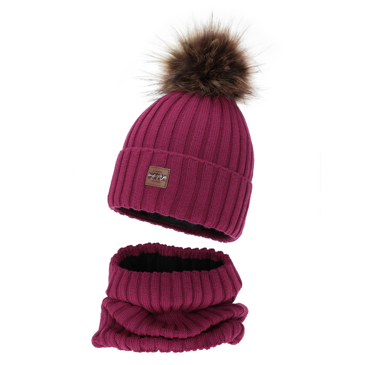 Set de iarnă pentru fete: căciulă și fular circular, amarantowy, căptușit cu polar, cu lână merino, Bellina