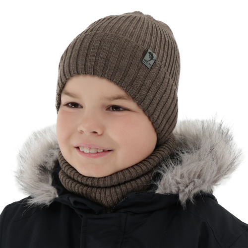 Set de iarnă pentru băieți: Căciulă și fular circular din lână merino maro Gecko