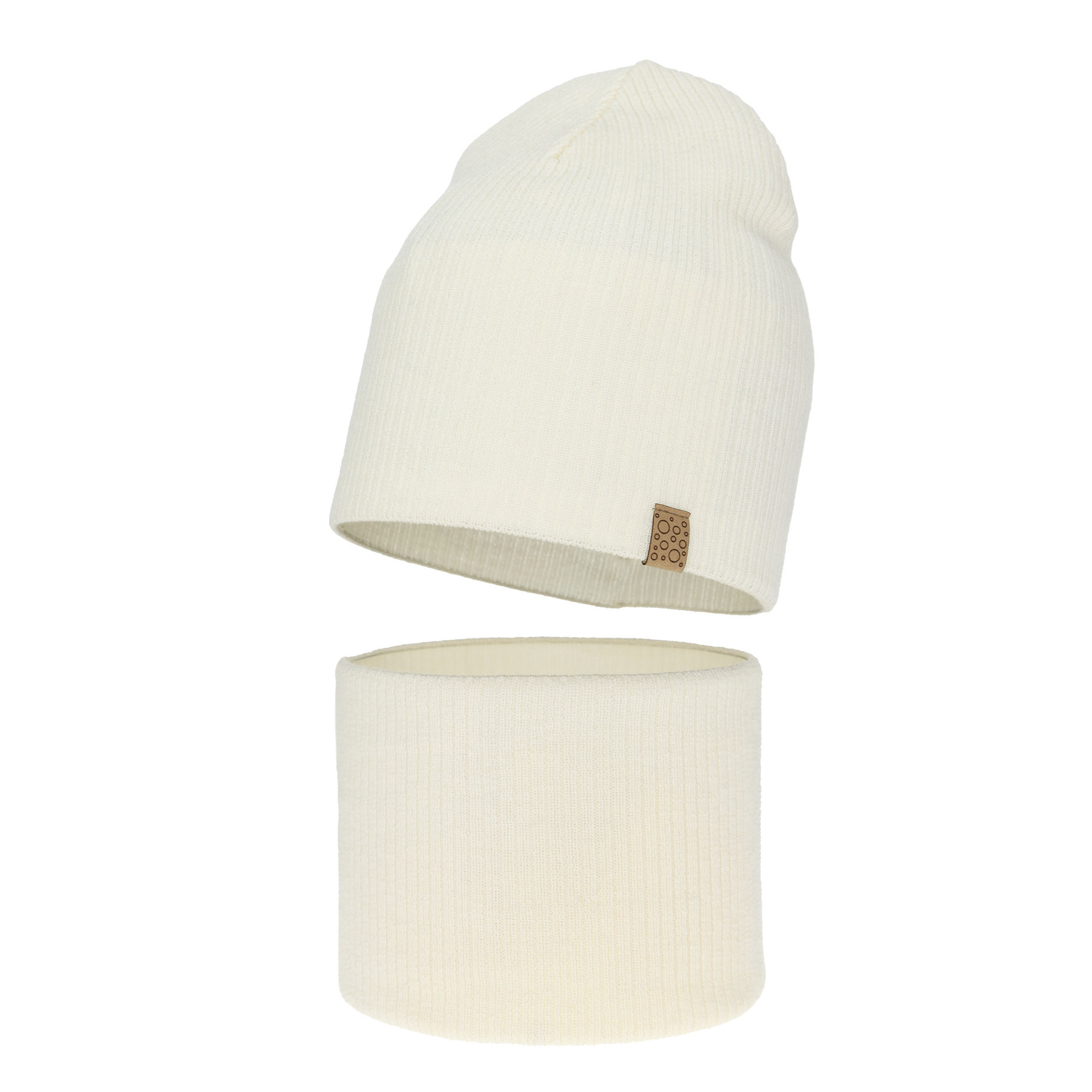 Set de primăvară-toamnă pentru fete: căciulă și fular circular ecru 100% lână merino extra fină Ricona