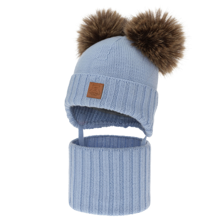 Set căciulă și fular pentru băieți, iarnă, albastru deschis, 100% lână merino, căptușit cu fleece de lână, Ronik