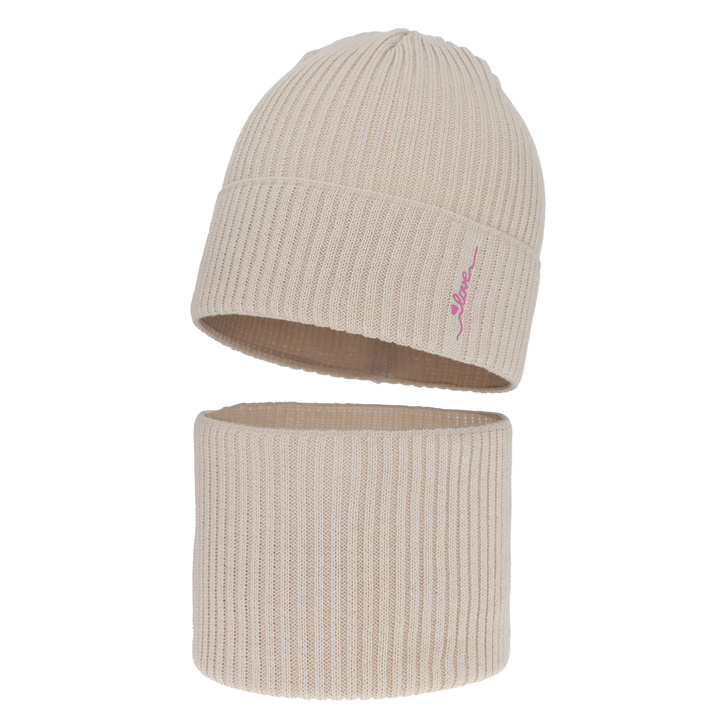 Set de primăvară-toamnă pentru fete: căciulă și fular circular, cu bumbac, bej, Elvara