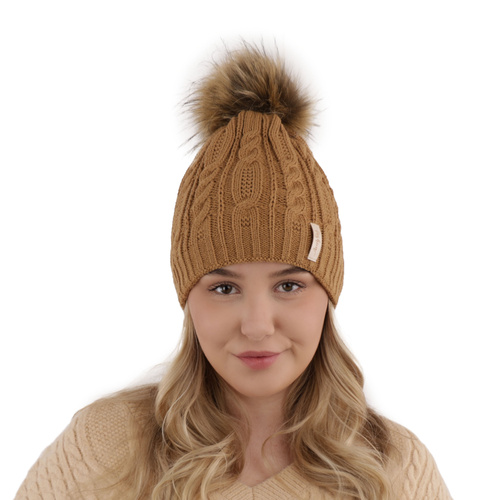 Căciulă de iarnă pentru femei camel cu pompon Mirka