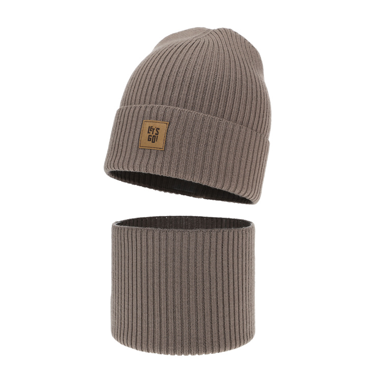 Set primăvară-toamnă pentru băieți: Căciulă și fular circular maro 100% lână merino Vanto