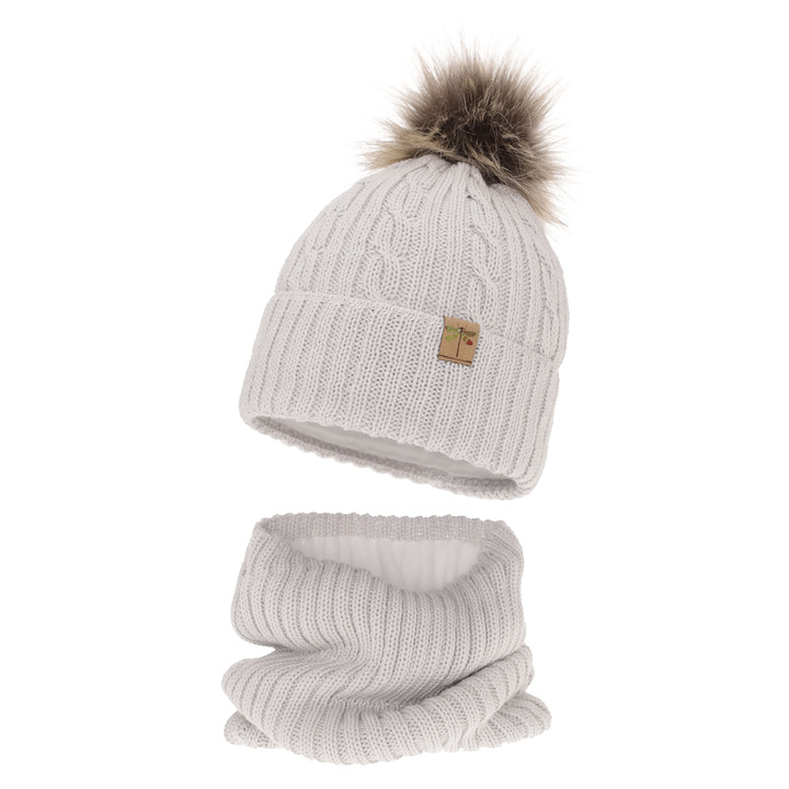 Set de iarnă pentru fete: căciulă și fular circular gri clână merino Aprilia