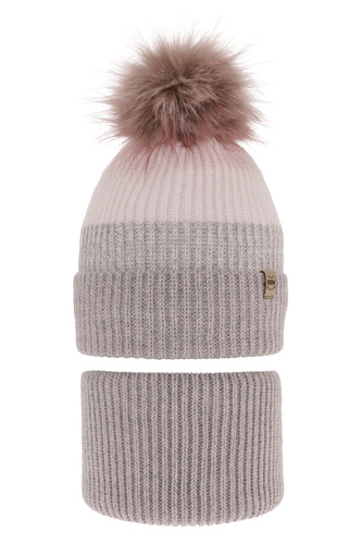 Set de iarnă pentru fete: căciulă și fular circular gri cu pompon Gimena