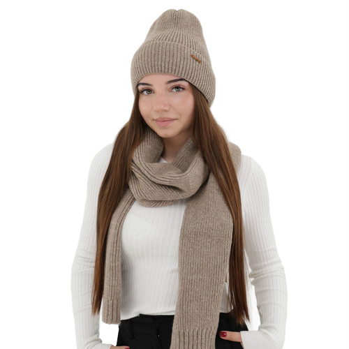Set de iarnă pentru femei: căciulă și fular, maro, cu lână merino, Seala