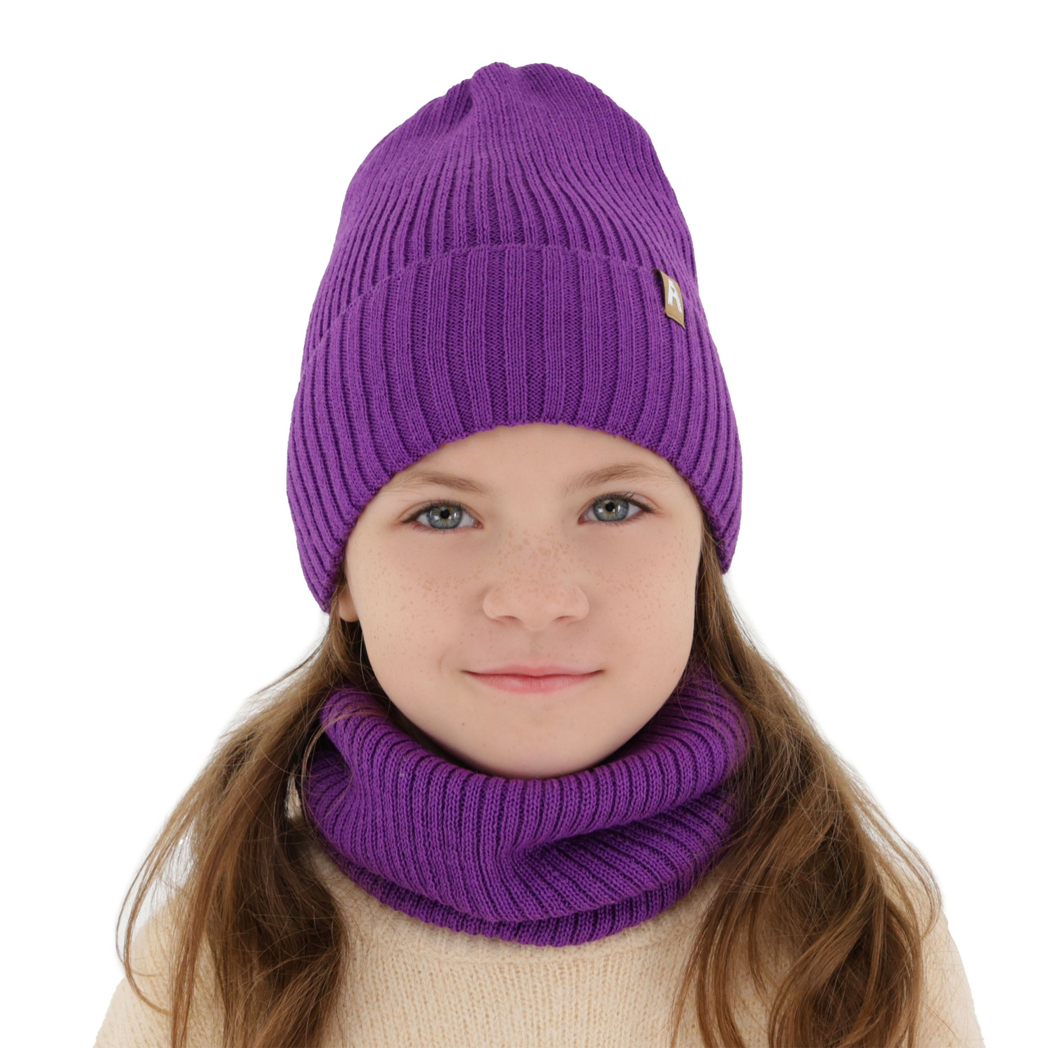 Set de iarnă pentru fete: căciulă și fular circular violet din lână merino Peggy