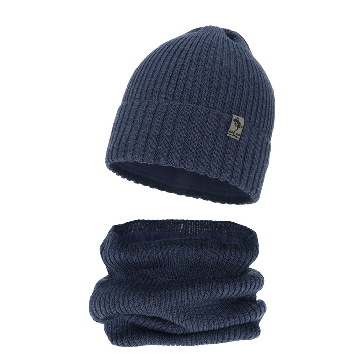 Set de iarnă pentru băieți: Căciulă și fular circular din lână merino albastru Gecko