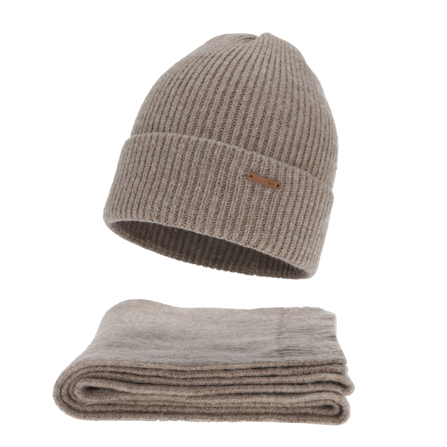 Set de iarnă pentru femei: căciulă și fular, ciemnobeżowy, cu lână merino, Seala