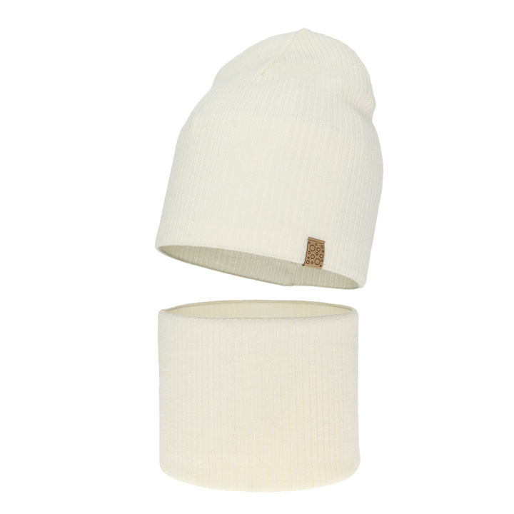 Set de primăvară-toamnă pentru fete: căciulă și fular circular ecru 100% lână merino extra fină Ricona