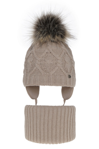 Set de iarnă pentru fete: căciulă și fular circular bej cu pompon Elena