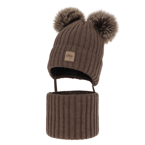 Set de iarnă pentru băieți: Căciulă și fular circular maro cu 2 pompoane Orange