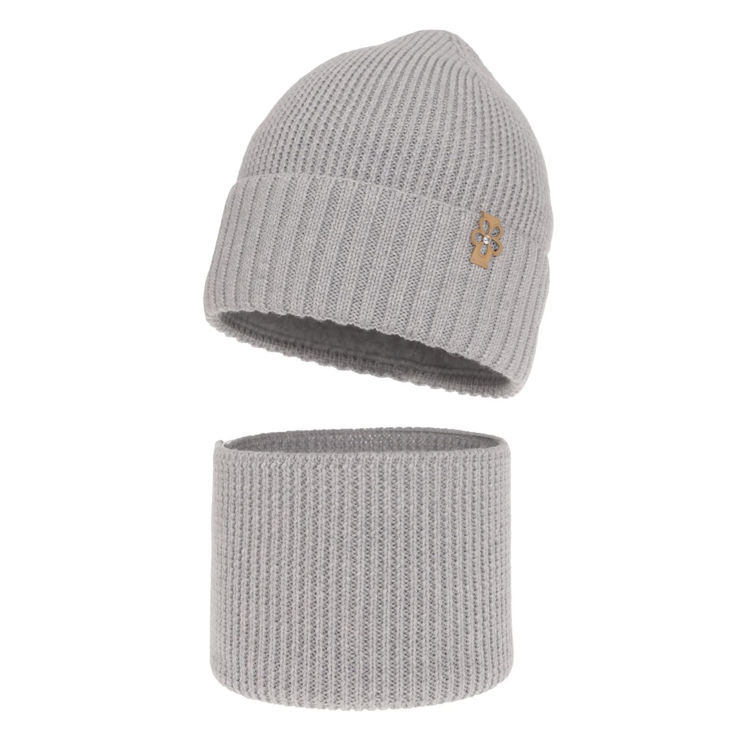 Set de iarnă pentru fete: căciulă și fular circular gri 100% lână merino extra fină Nelita