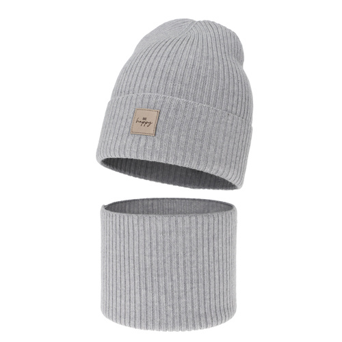 Set de primăvară-toamnă pentru fete: căciulă și fular circular, gri, 100%, lână merino, Vanita