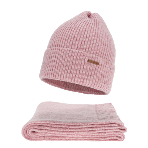 Set de iarnă pentru femei: căciulă și fular, roz, cu lână merino, Seala
