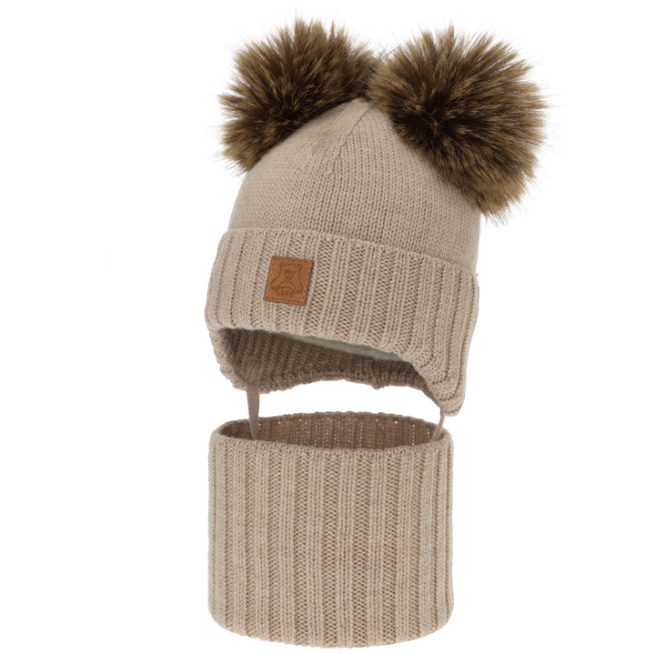 Set căciulă și fular pentru băieți, iarnă, bej, 100% lână merino, căptușit cu fleece de lână, Ronik
