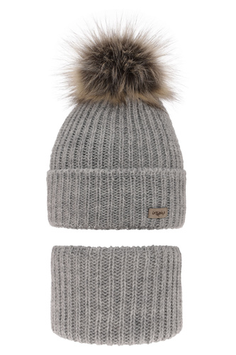 Set de iarnă pentru fete: căciulă și fular circular gri cu pompon Willow
