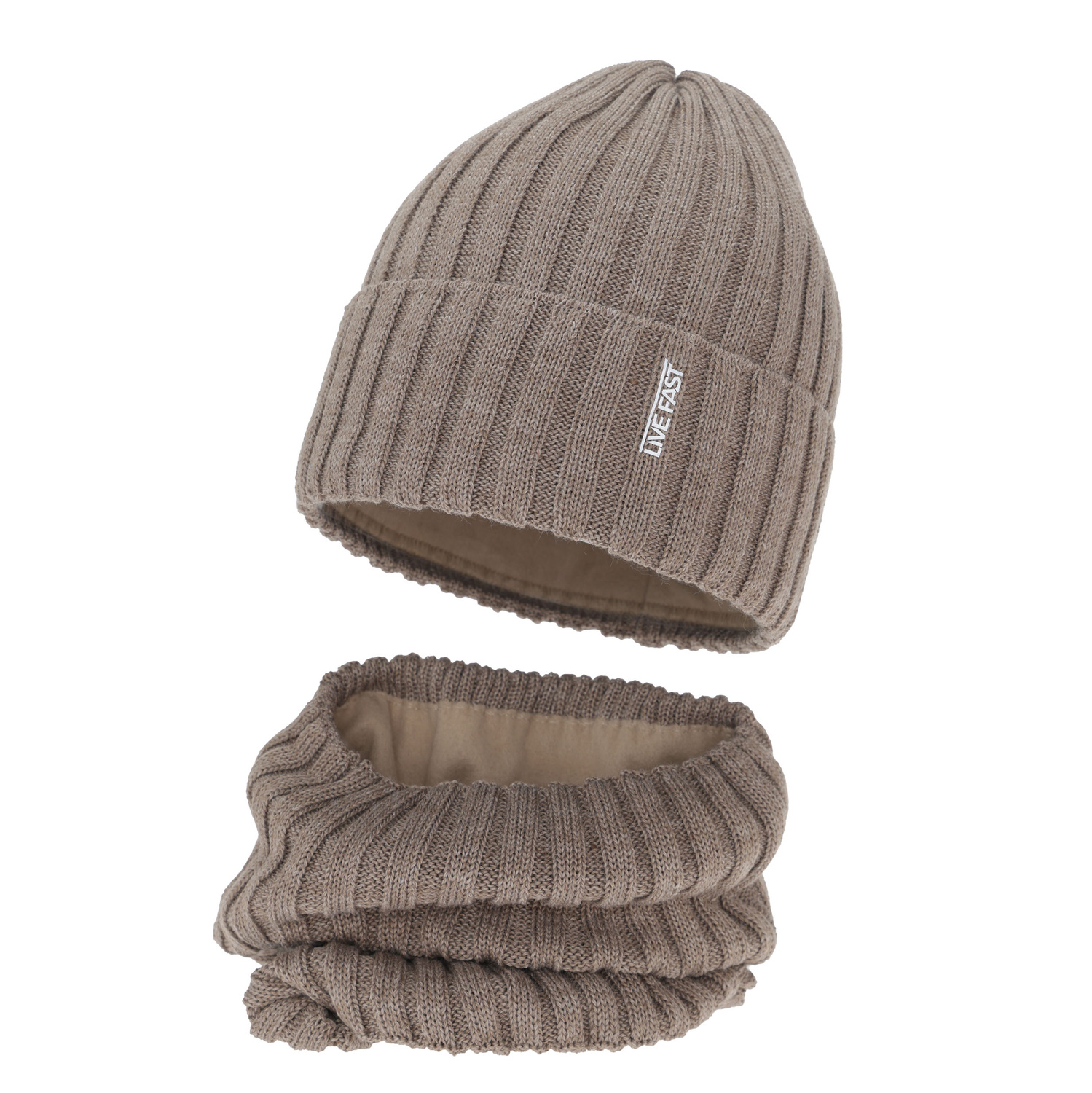 Set de iarnă pentru băieți: Căciulă și fular circular, beige, cu lână merino, căptușit cu polar, Banasko