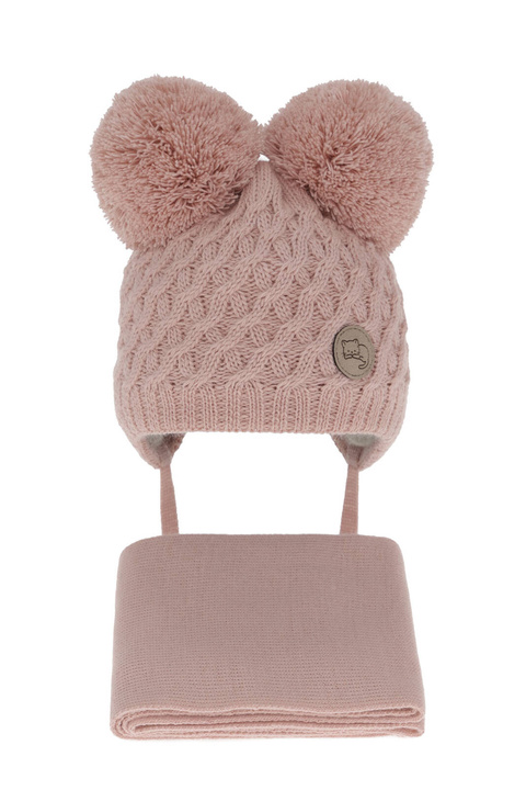 Set de iarnă pentru fete căciulă și fular roz cu 2 pompoane Anava