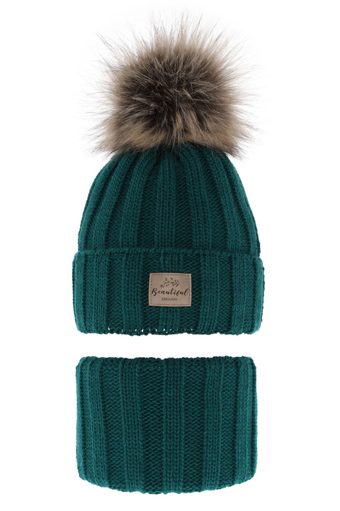 Set de iarnă pentru fete: căciulă și fular circular verde cu pompon Kaliope