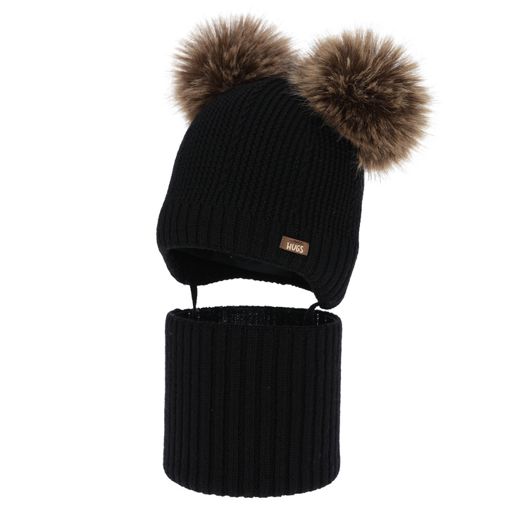 Set căciulă și fular pentru băieți, iarnă, negru, 100% lână merino, căptușit cu fleece de lână, Lumio