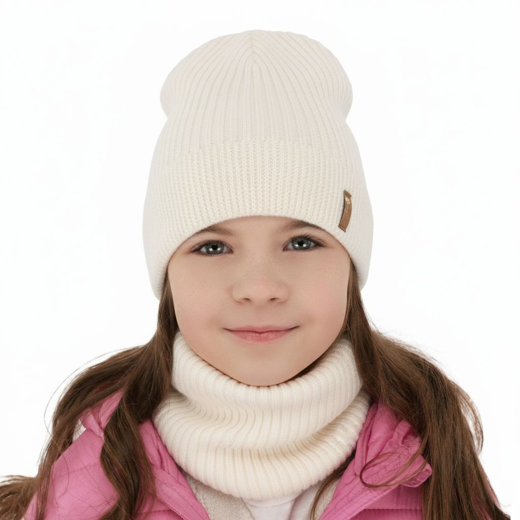 Set de primăvară-toamnă pentru fete: căciulă și fular circular ecru 100% lână merino extra fină Chelsie