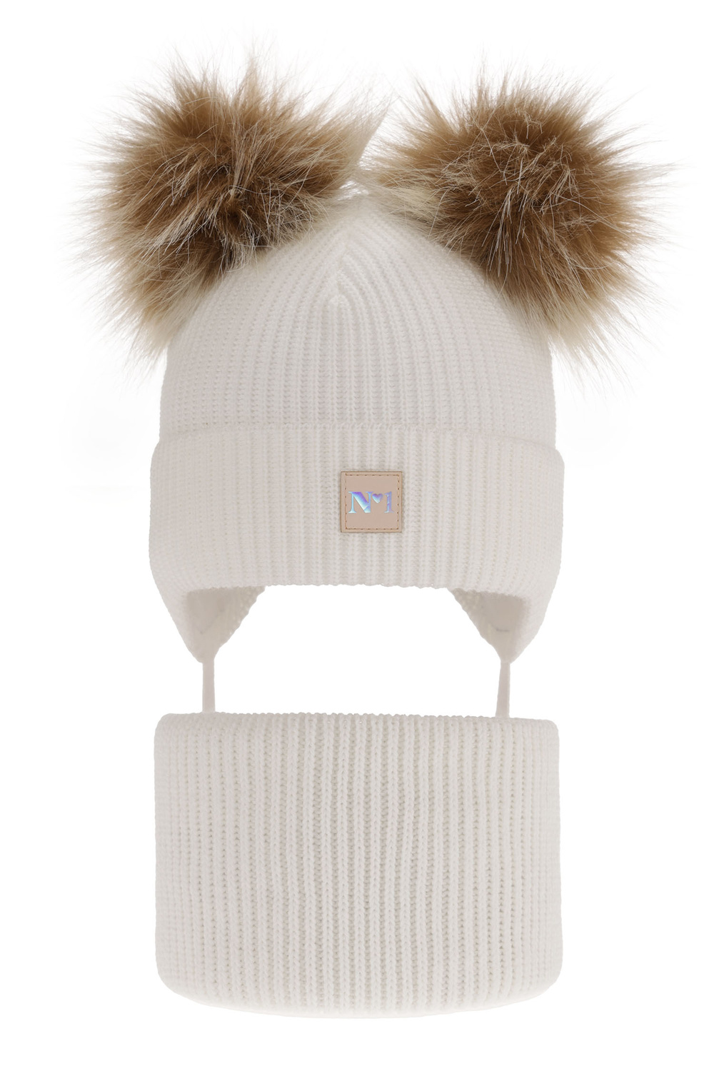 Set de iarnă pentru fete: căciulă și fular circular alb cu 2 pompoane Kiara