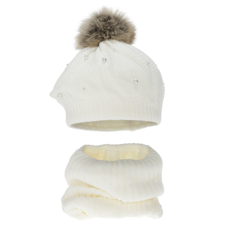 Beret și fular circular pentru fete, de iarnă, căptușit cu polar, culoarea cremă, cu pompon, Jeanette