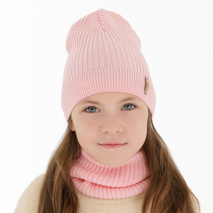 Set de primăvară-toamnă pentru fete: căciulă și fular circular roz 100% lână merino extra fină Chelsie
