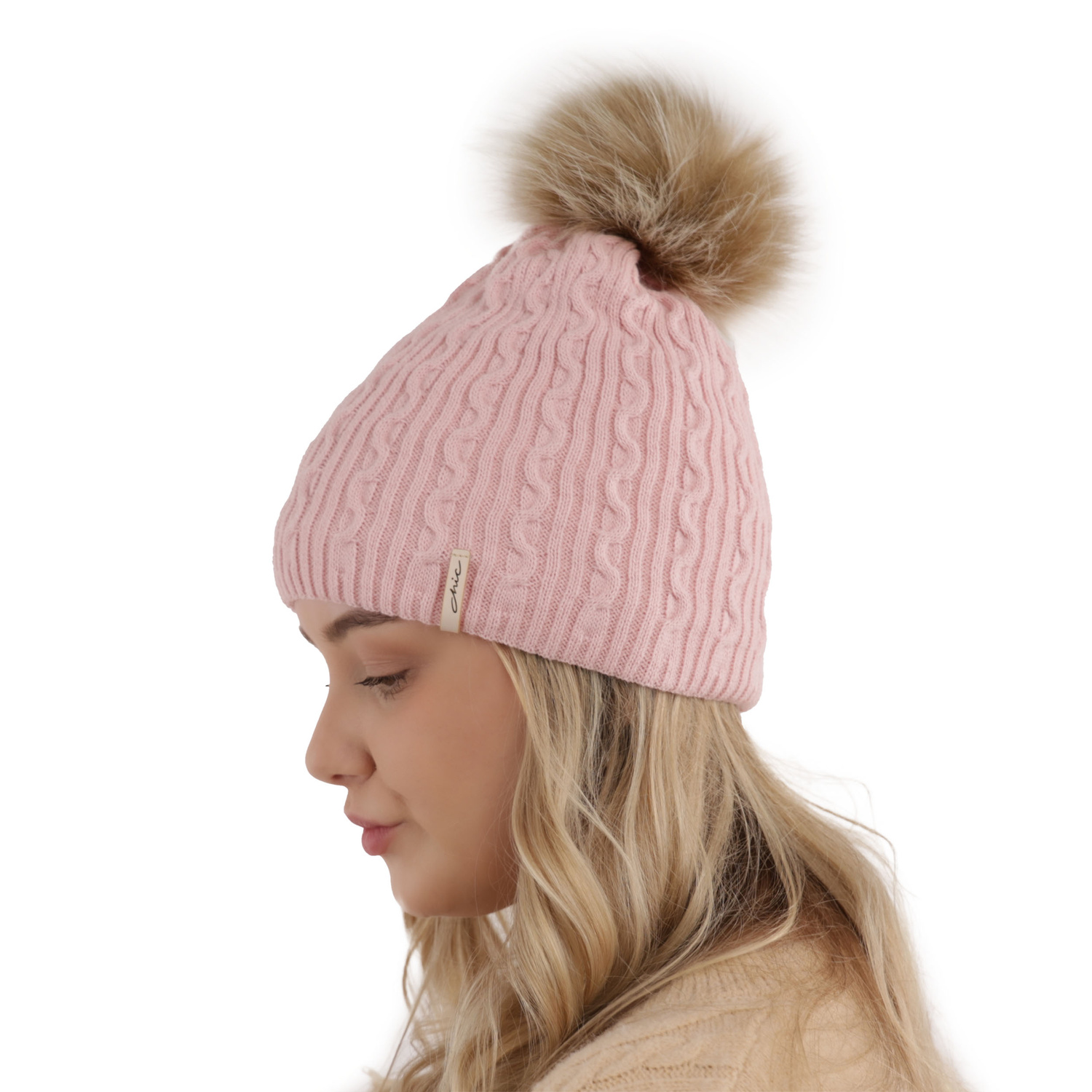 Căciulă de iarnă pentru femei roz cu pompon Xena