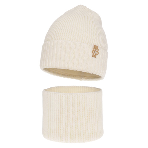 Set de iarnă pentru fete: căciulă și fular circular ecru 100% lână merino extra fină Nelita