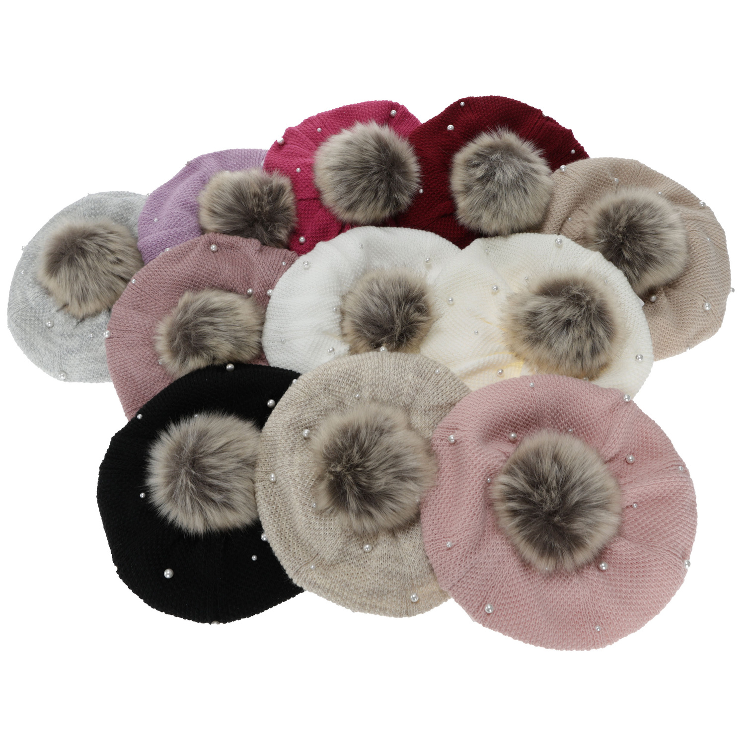 Beret și fular circular pentru fete, de iarnă, căptușit cu polar, culoarea cremă, cu pompon, Jeanette