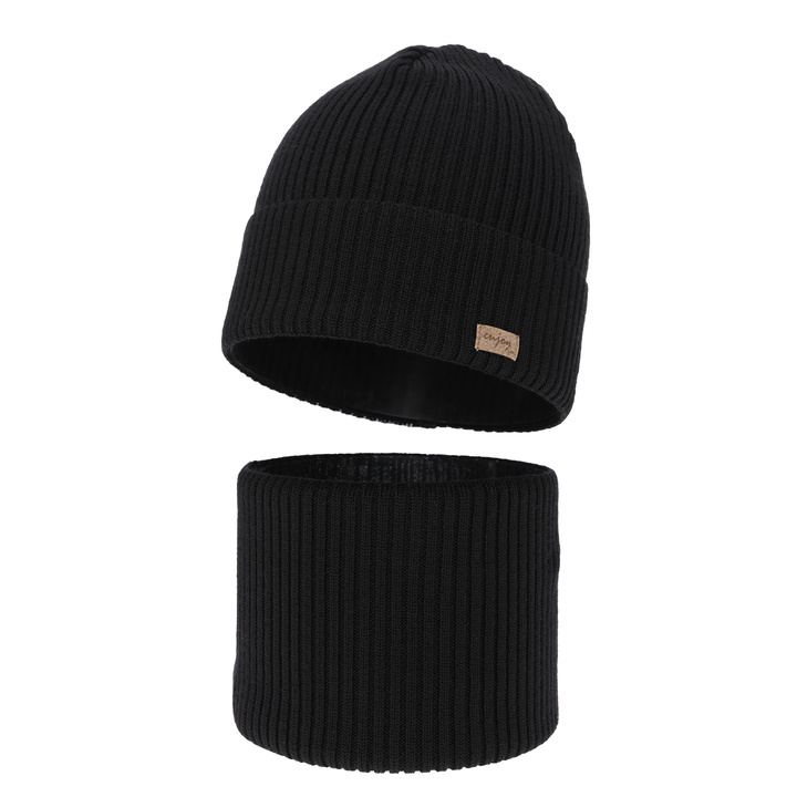 Set primăvară-toamnă pentru băieți: Căciulă și fular circular negru 100% lână merino extra fină Intro